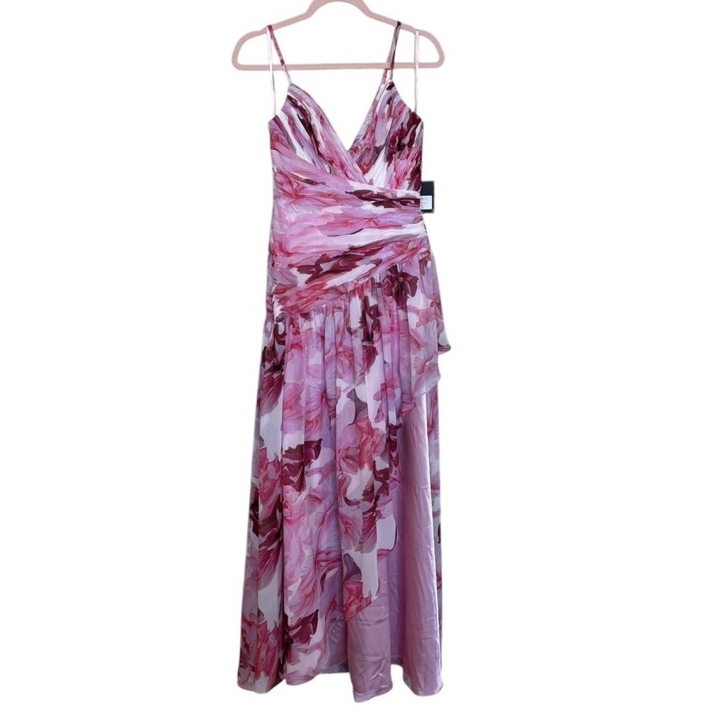 Ieena Mac Duggal Dress Gown Womens Size 2 Pink Purple Red Floral V Neck Slit